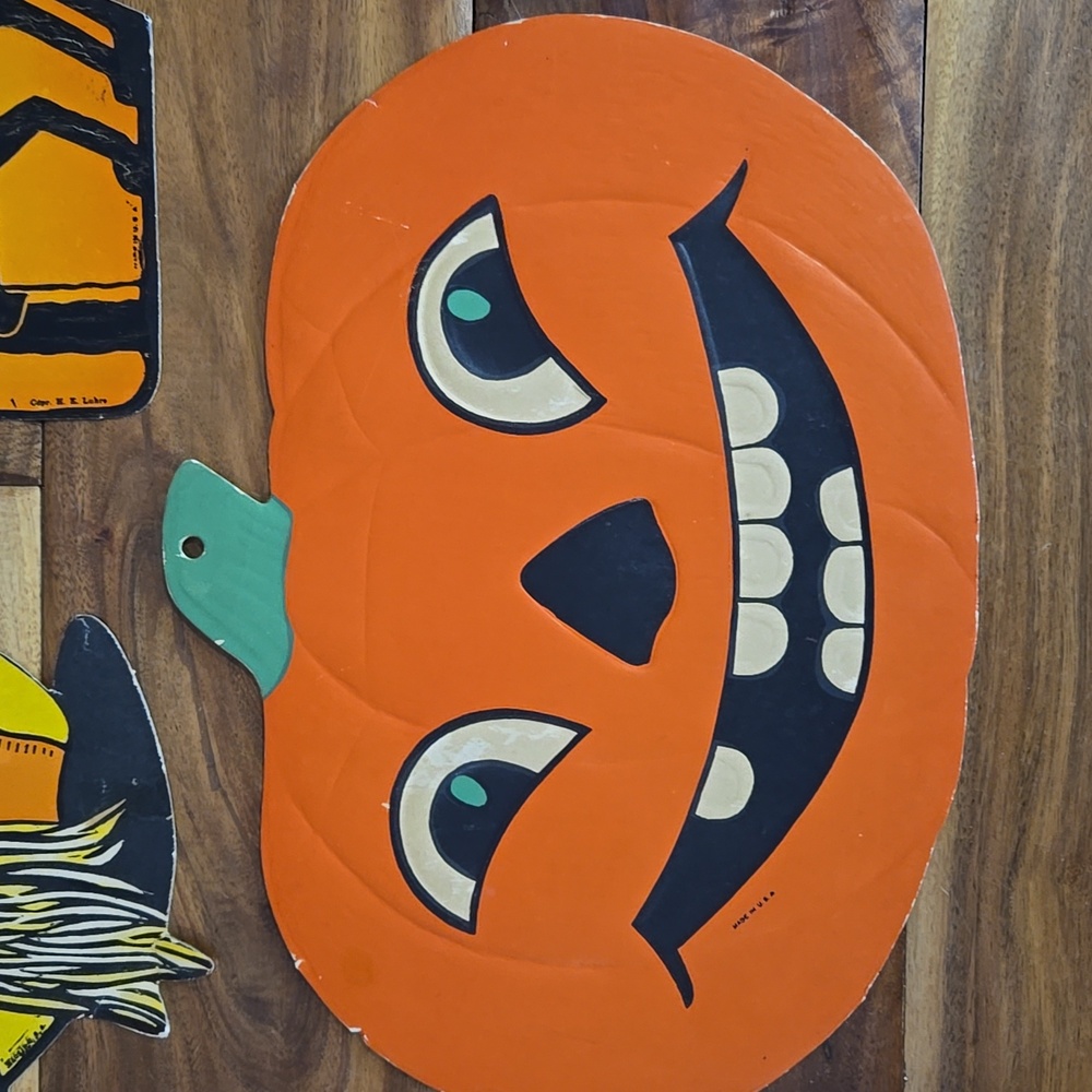 Vintage H.E. Luhrs Die-Cut USA Cardboard Halloween Decor Cat  Witch‎ Pumpkin - Picture 2 of 16